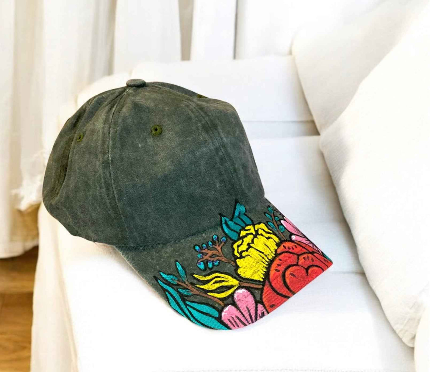 Vibrant Hand Painted Denim Baseball Cap - Unique Floral Design