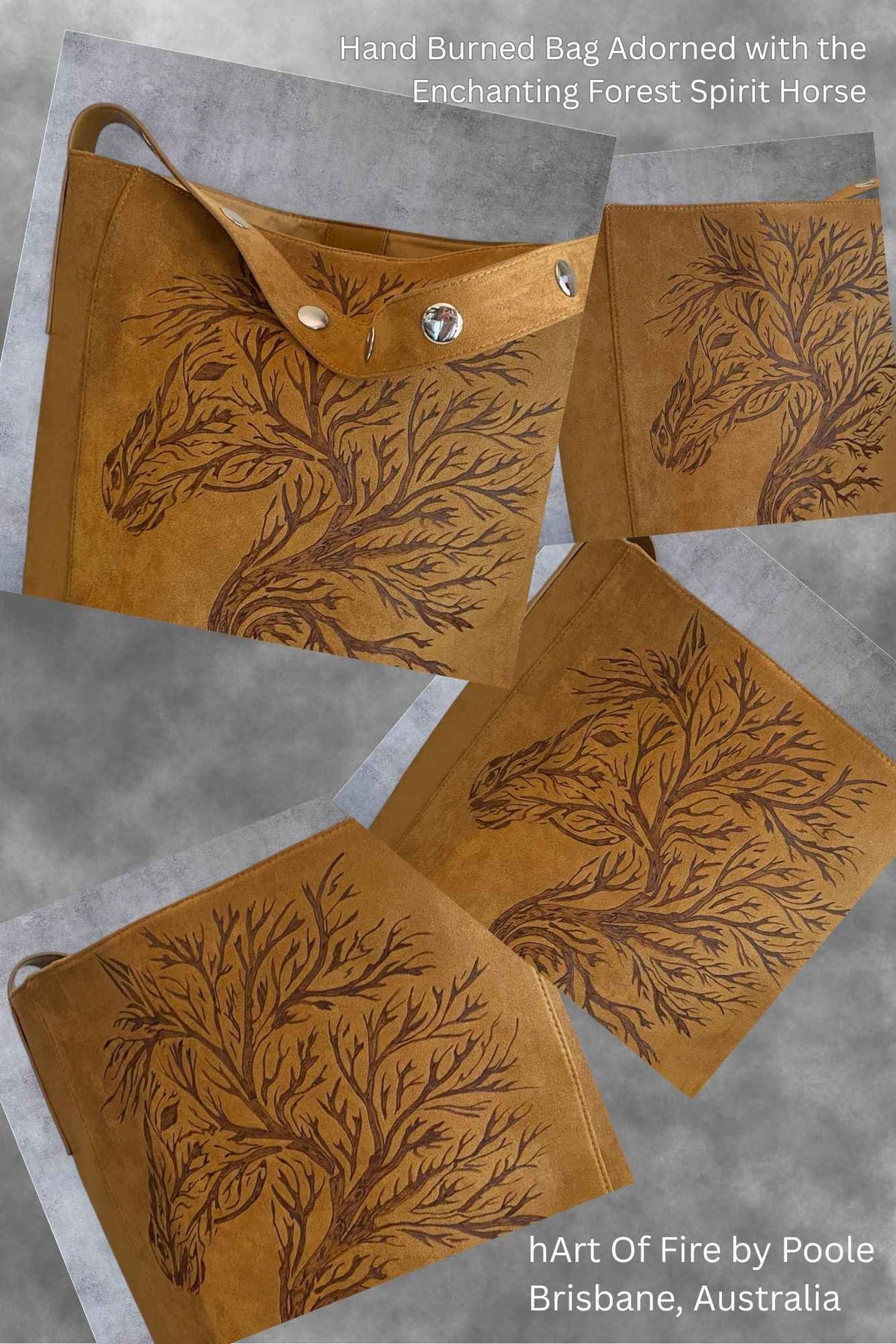 Custom Suedette Large Tote Bag, "Forest Spirit Horse", hand-burned, one off design, Golden Tan colour