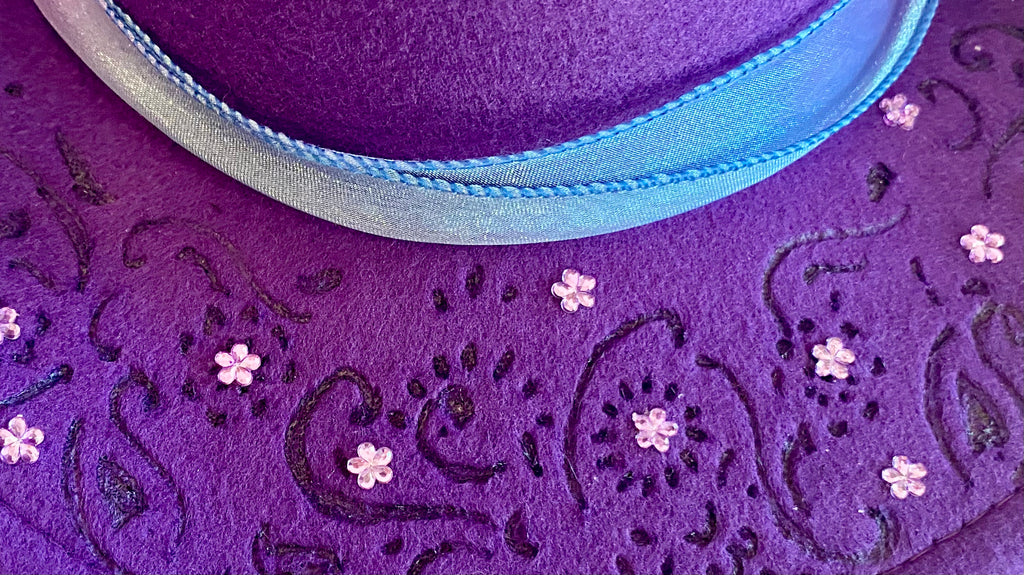 Custom Felt Cowboy Hat "Colour Me Purple" Rhinestones & Paisley Pattern