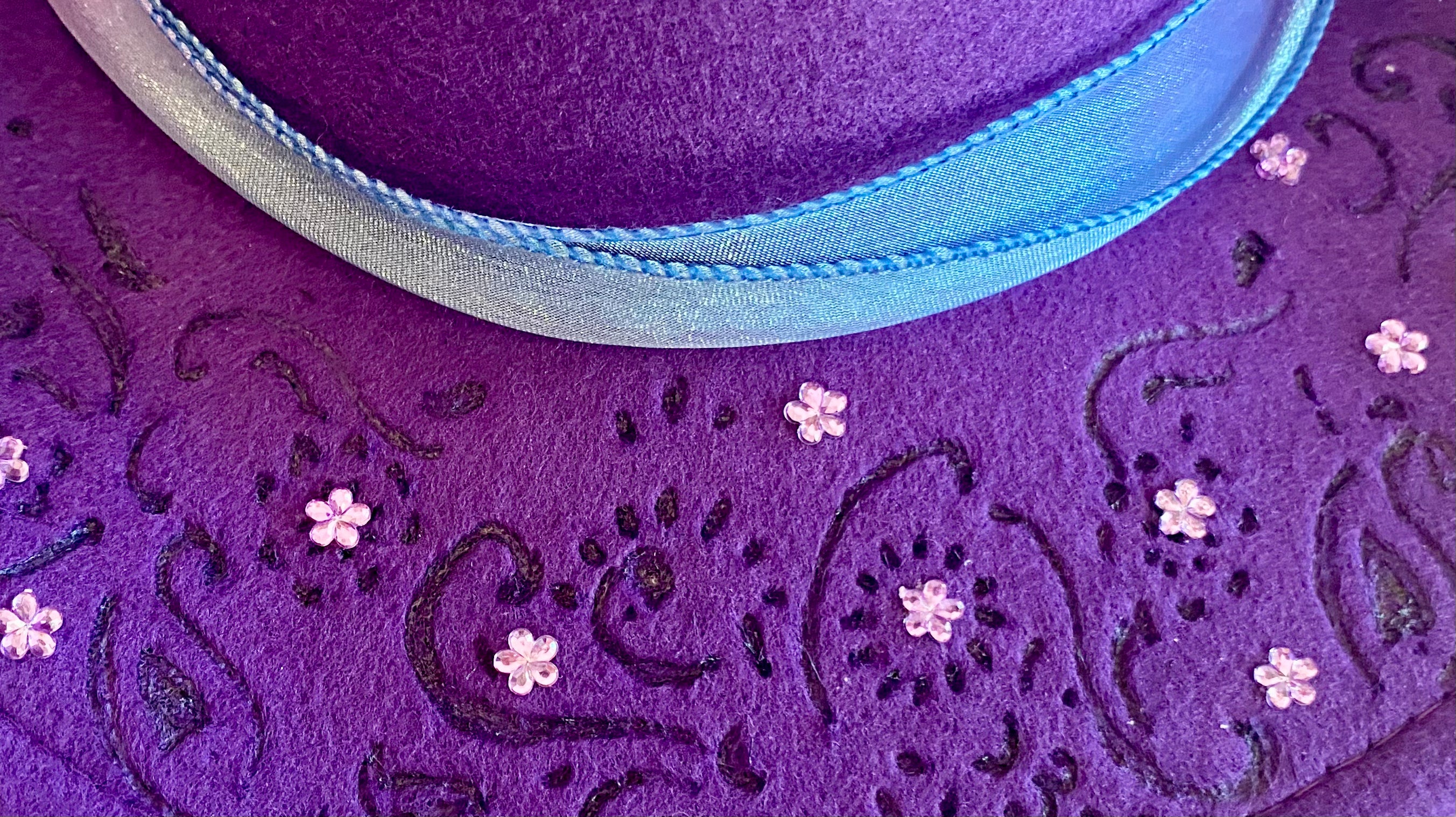 Custom Felt Cowboy Hat "Colour Me Purple" Rhinestones & Paisley Pattern