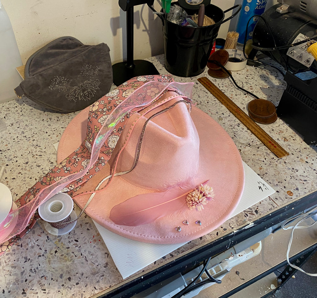 Vegan Suede Custom Cowboy Hat "Pretty In Pink Flowers" Diamante