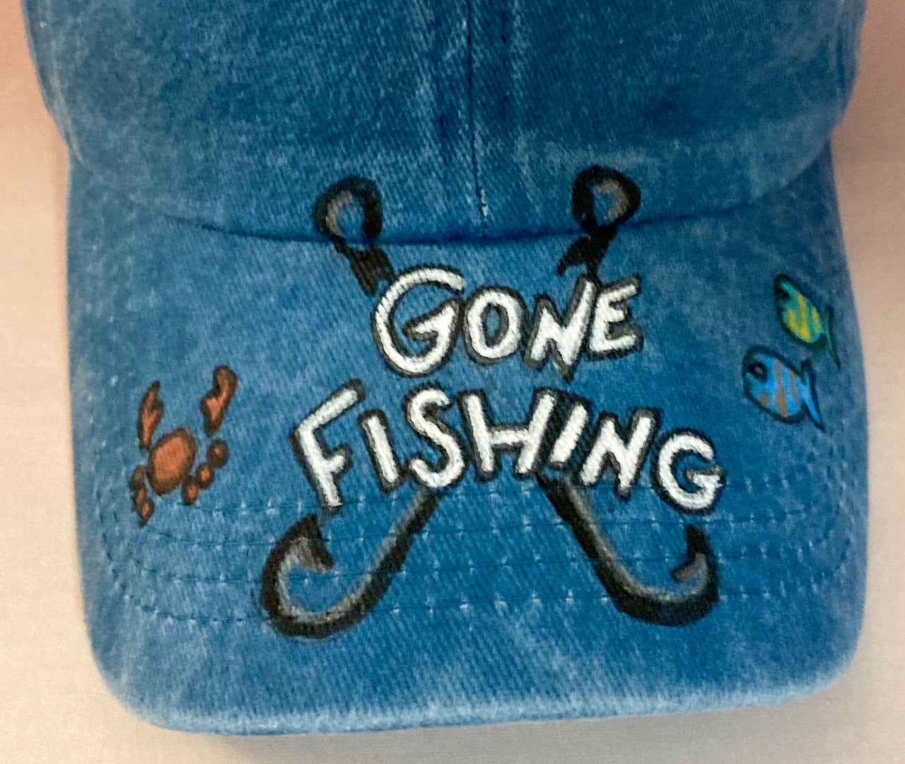 Unique Hand Painted Baseball Cap: 'Gone Fishing' Design for Adventure Lovers