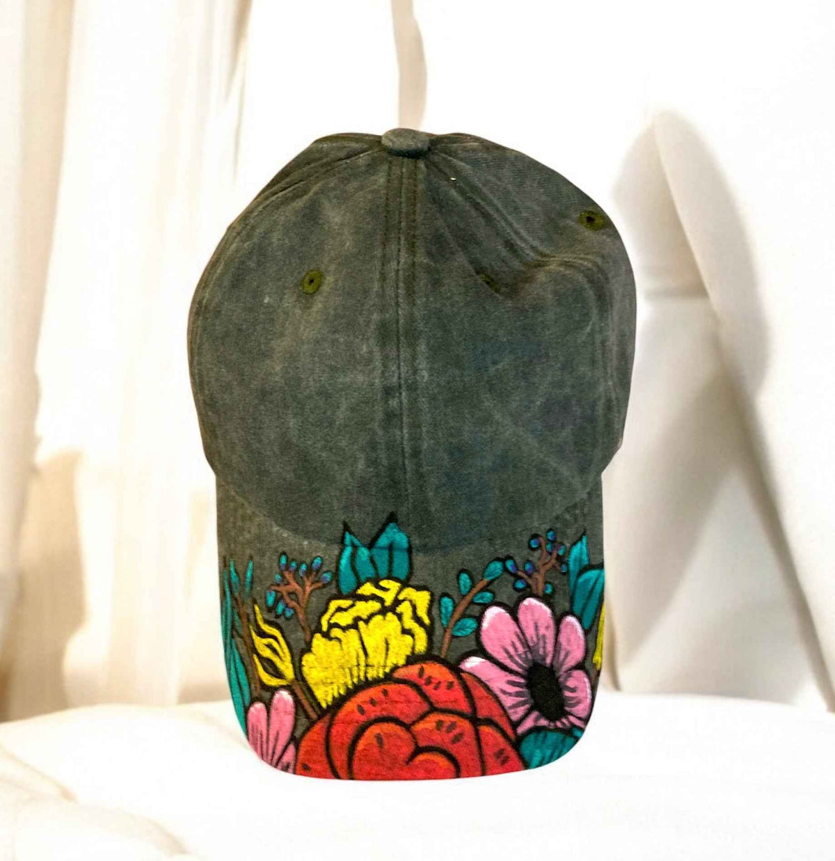 Vibrant Hand Painted Denim Baseball Cap - Unique Floral Design