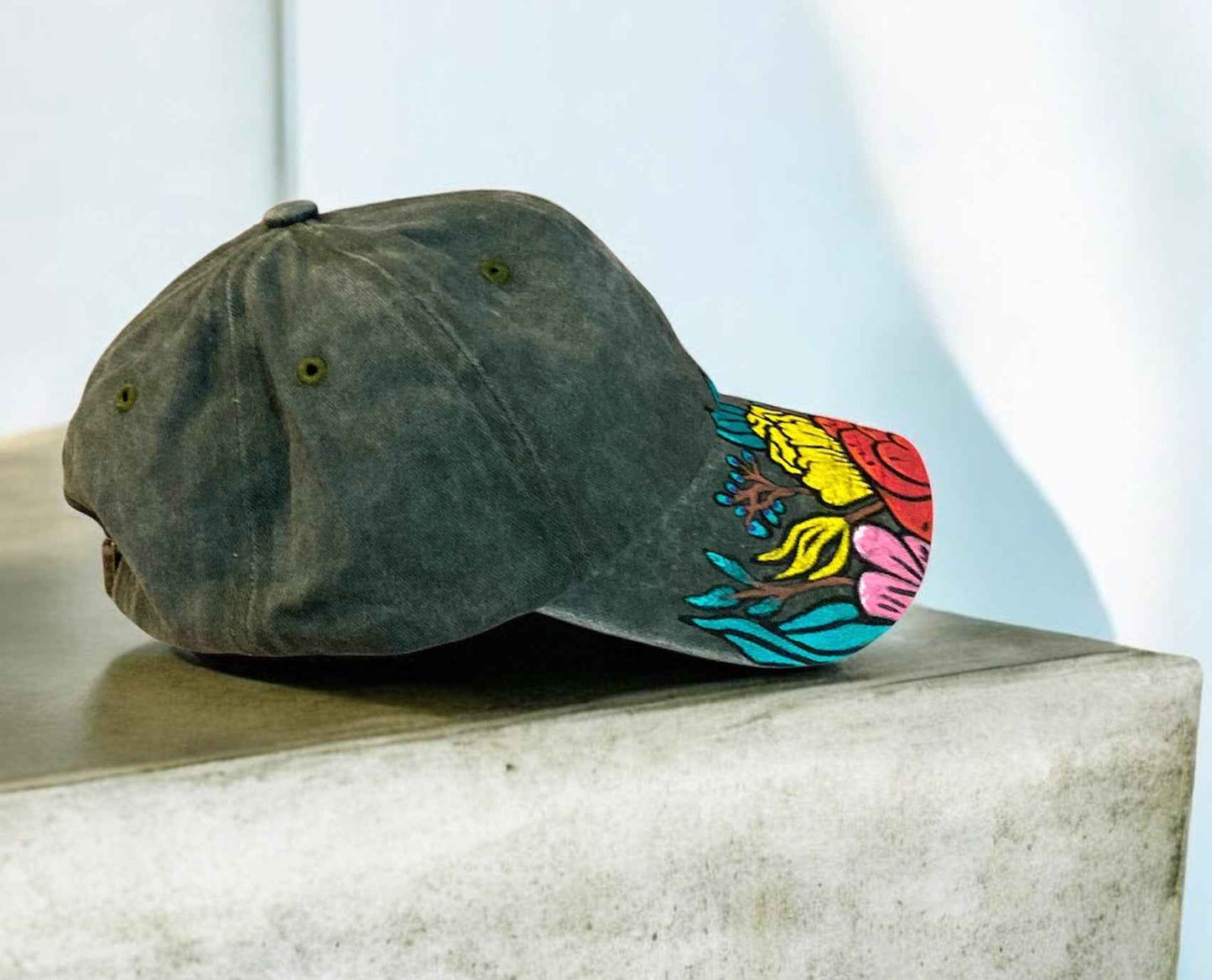 Vibrant Hand Painted Denim Baseball Cap - Unique Floral Design