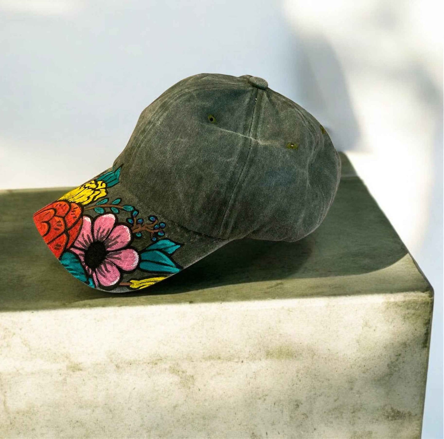 Vibrant Hand Painted Denim Baseball Cap - Unique Floral Design