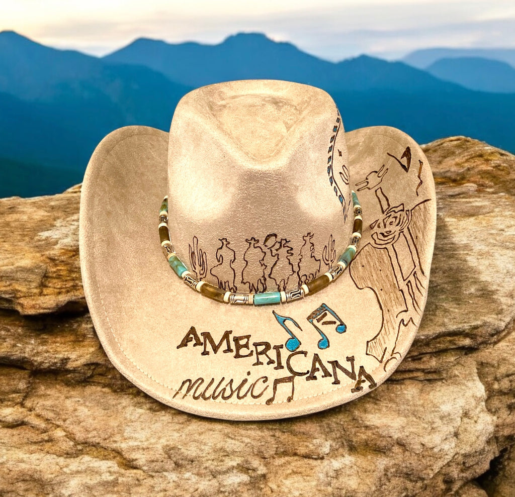 Americana Music, hand burned cowboy hat