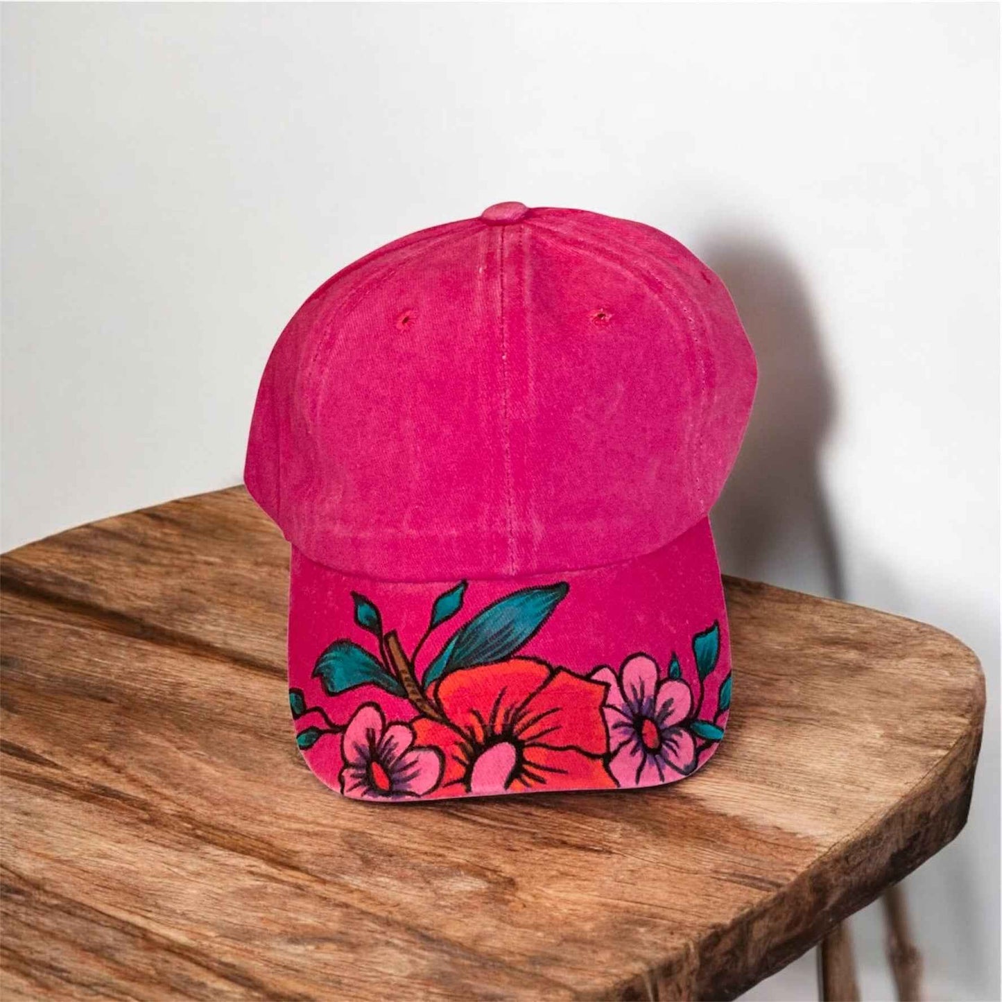 Unique Hand Painted Baseball Cap in Vibrant Hot Pink Flowers