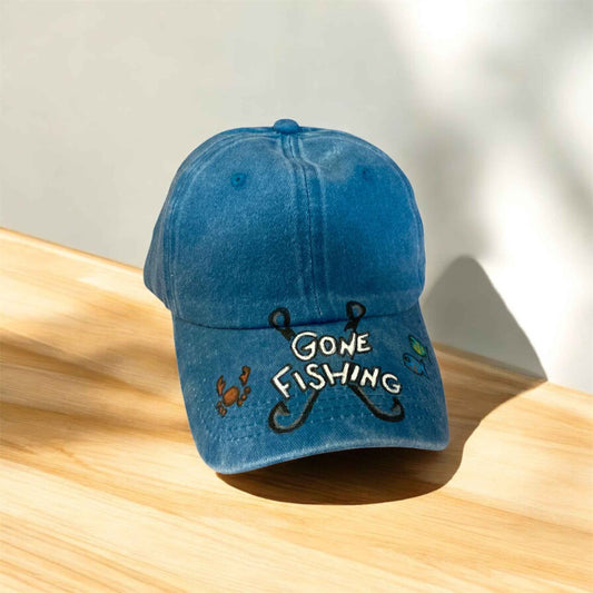 Unique Hand Painted Baseball Cap: 'Gone Fishing' Design for Adventure Lovers