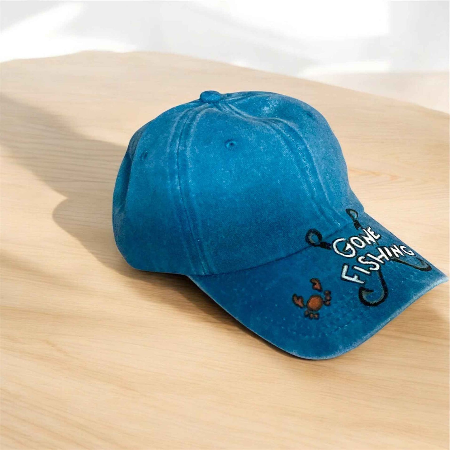 Unique Hand Painted Baseball Cap: 'Gone Fishing' Design for Adventure Lovers
