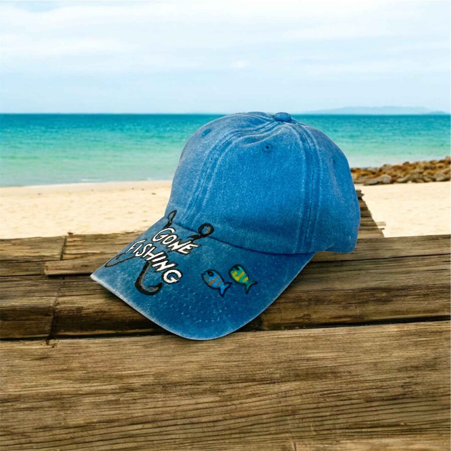 Unique Hand Painted Baseball Cap: 'Gone Fishing' Design for Adventure Lovers