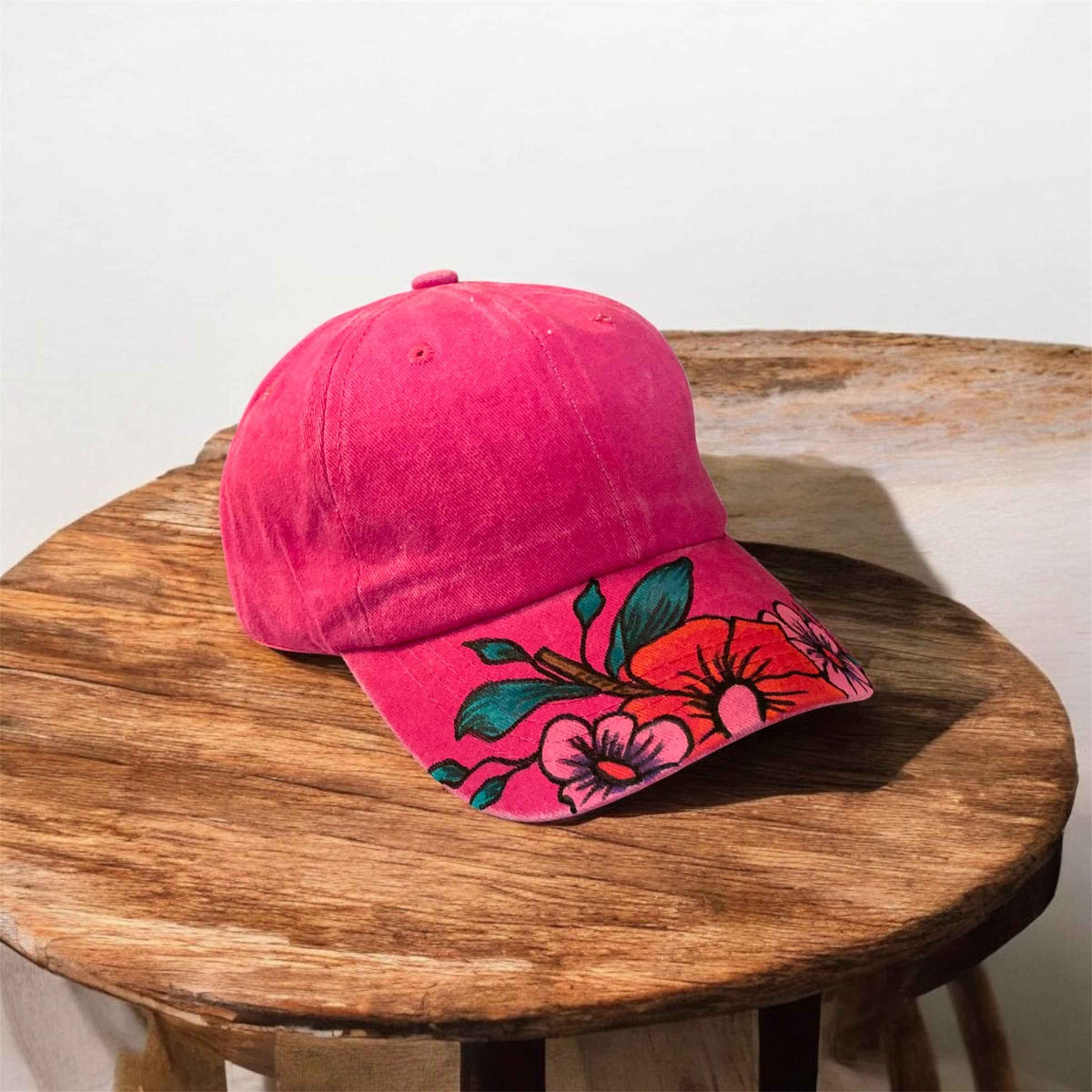 Unique Hand Painted Baseball Cap in Vibrant Hot Pink Flowers