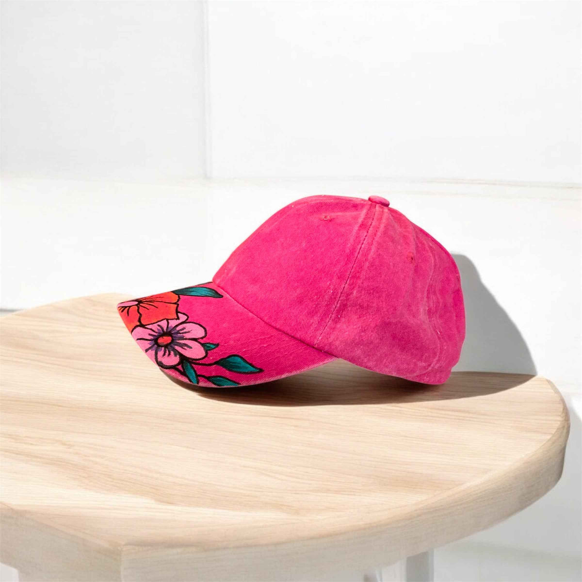 Unique Hand Painted Baseball Cap in Vibrant Hot Pink Flowers
