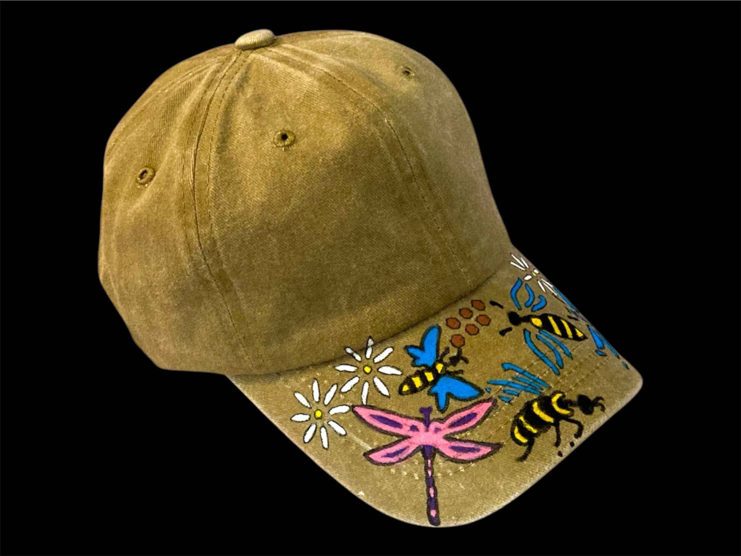 Hand Painted Baseball Cap - Unique Bees and Dragonflies Design for Nature Lovers