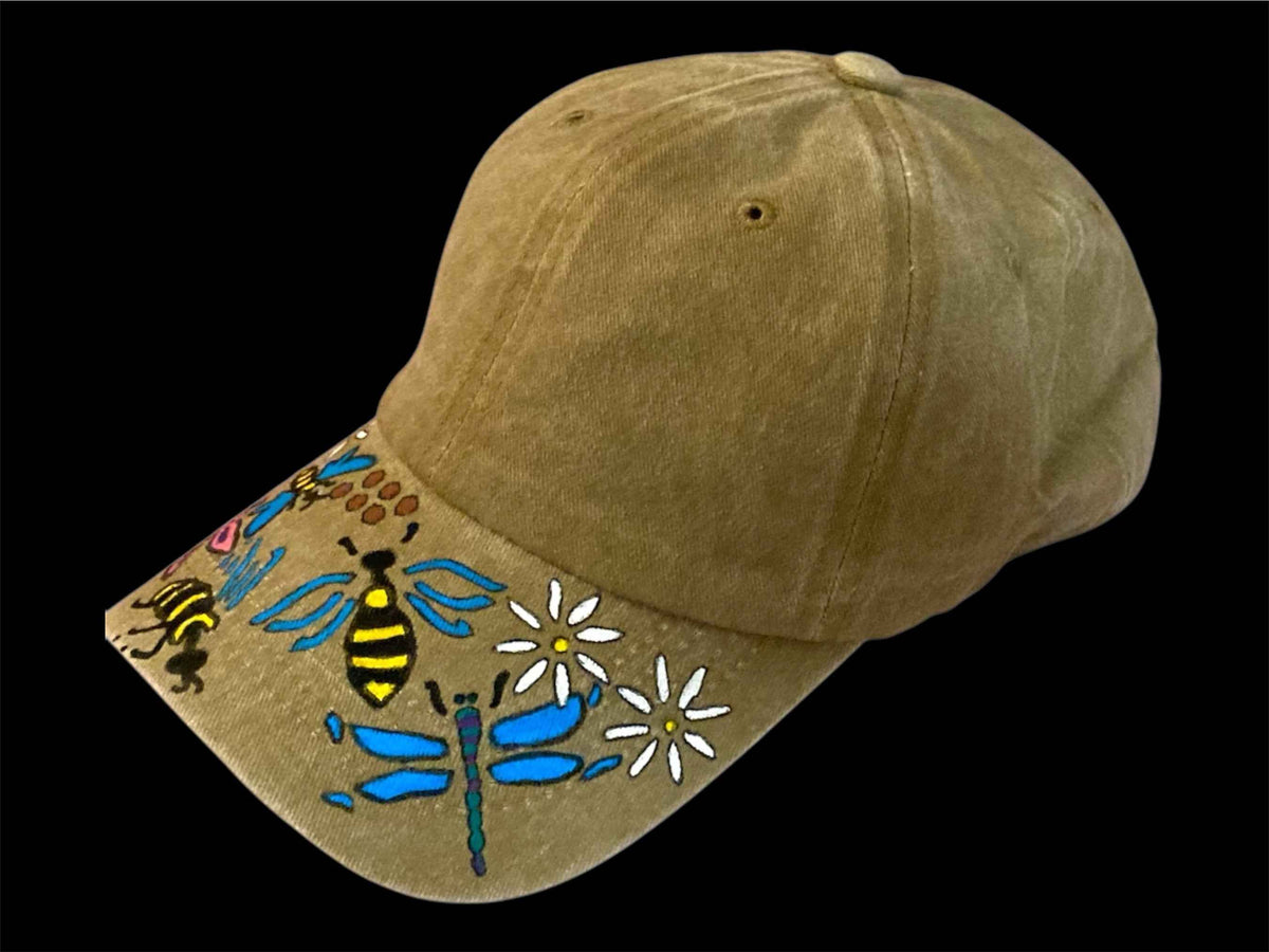 Hand Painted Baseball Cap - Unique Bees and Dragonflies Design for Nature Lovers