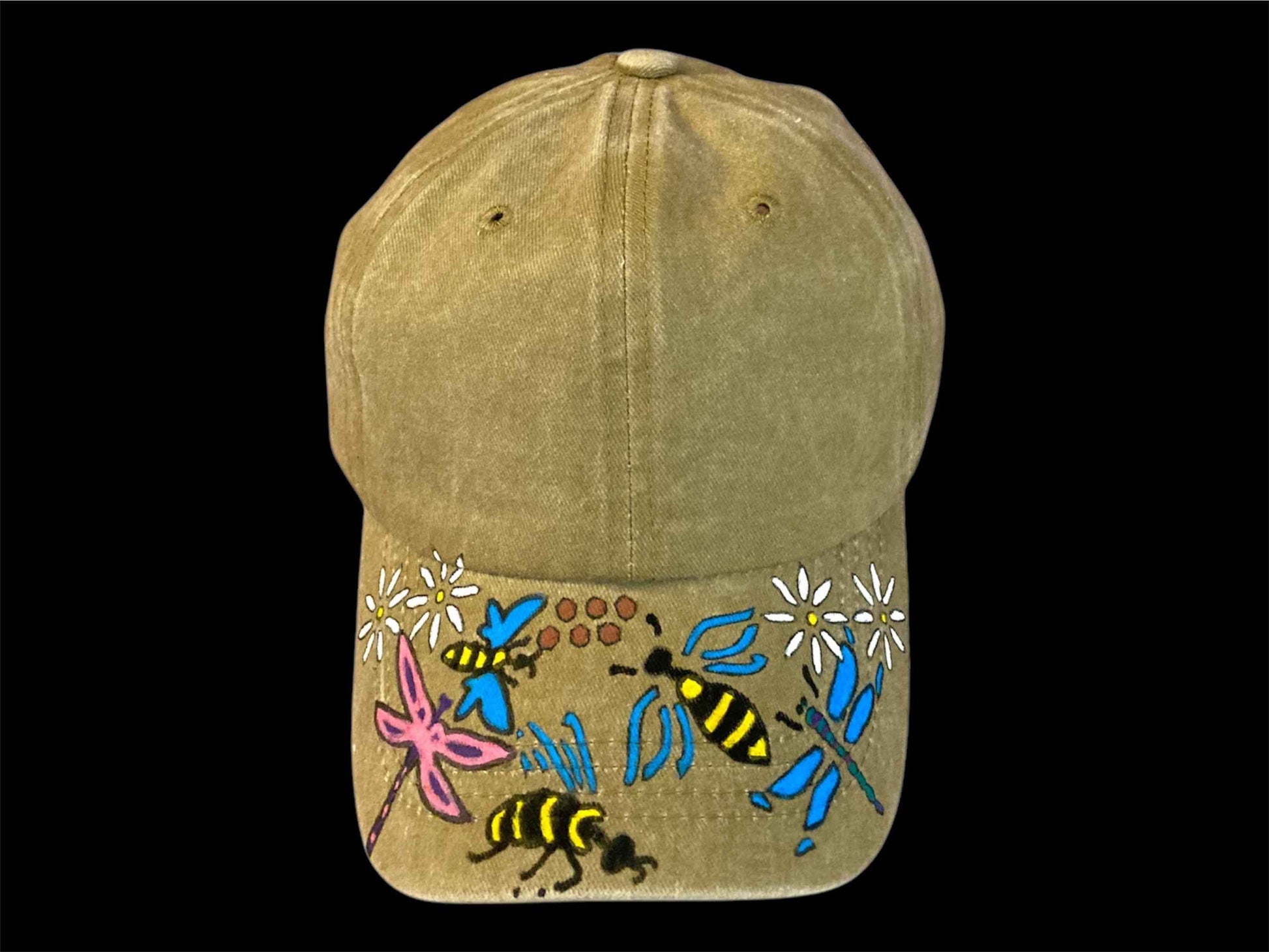 Hand Painted Baseball Cap - Unique Bees and Dragonflies Design for Nature Lovers