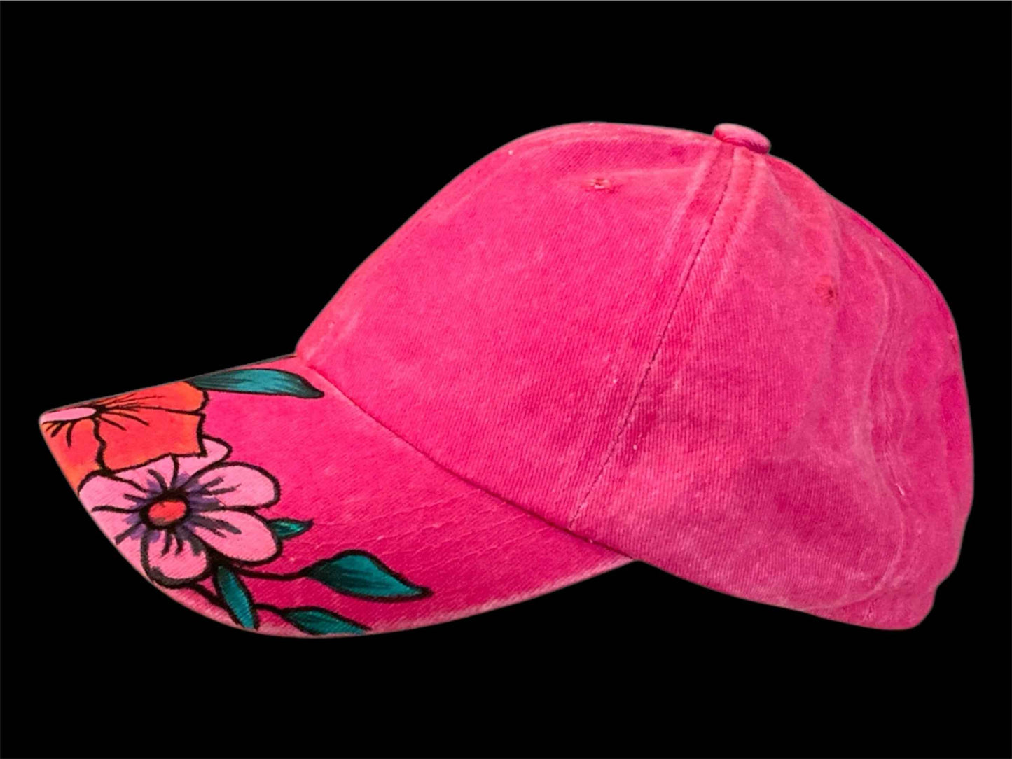 Unique Hand Painted Baseball Cap in Vibrant Hot Pink Flowers