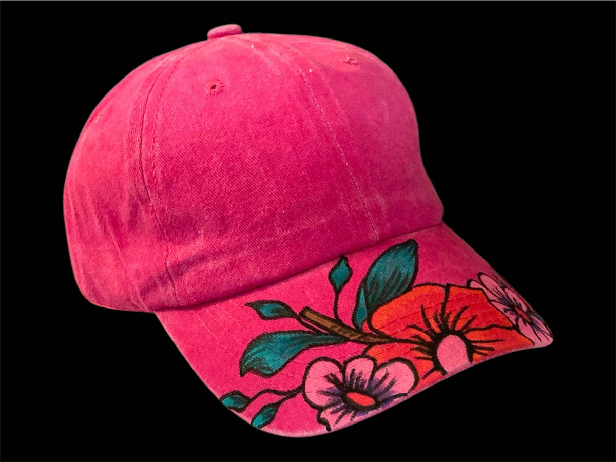 Unique Hand Painted Baseball Cap in Vibrant Hot Pink Flowers