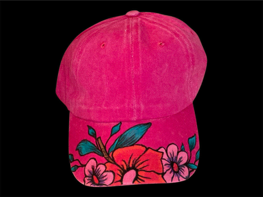 Hot Pink Flowers hand painted baseball cap