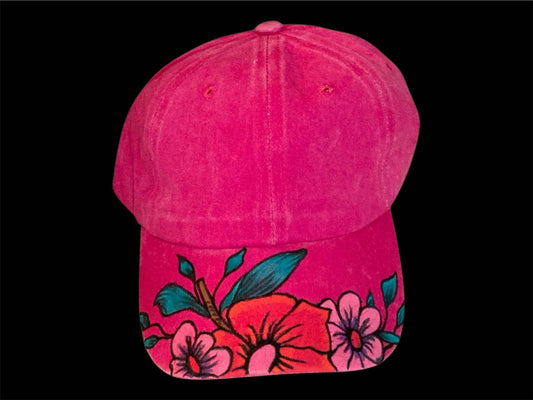 Unique Hand Painted Baseball Cap in Vibrant Hot Pink Flowers