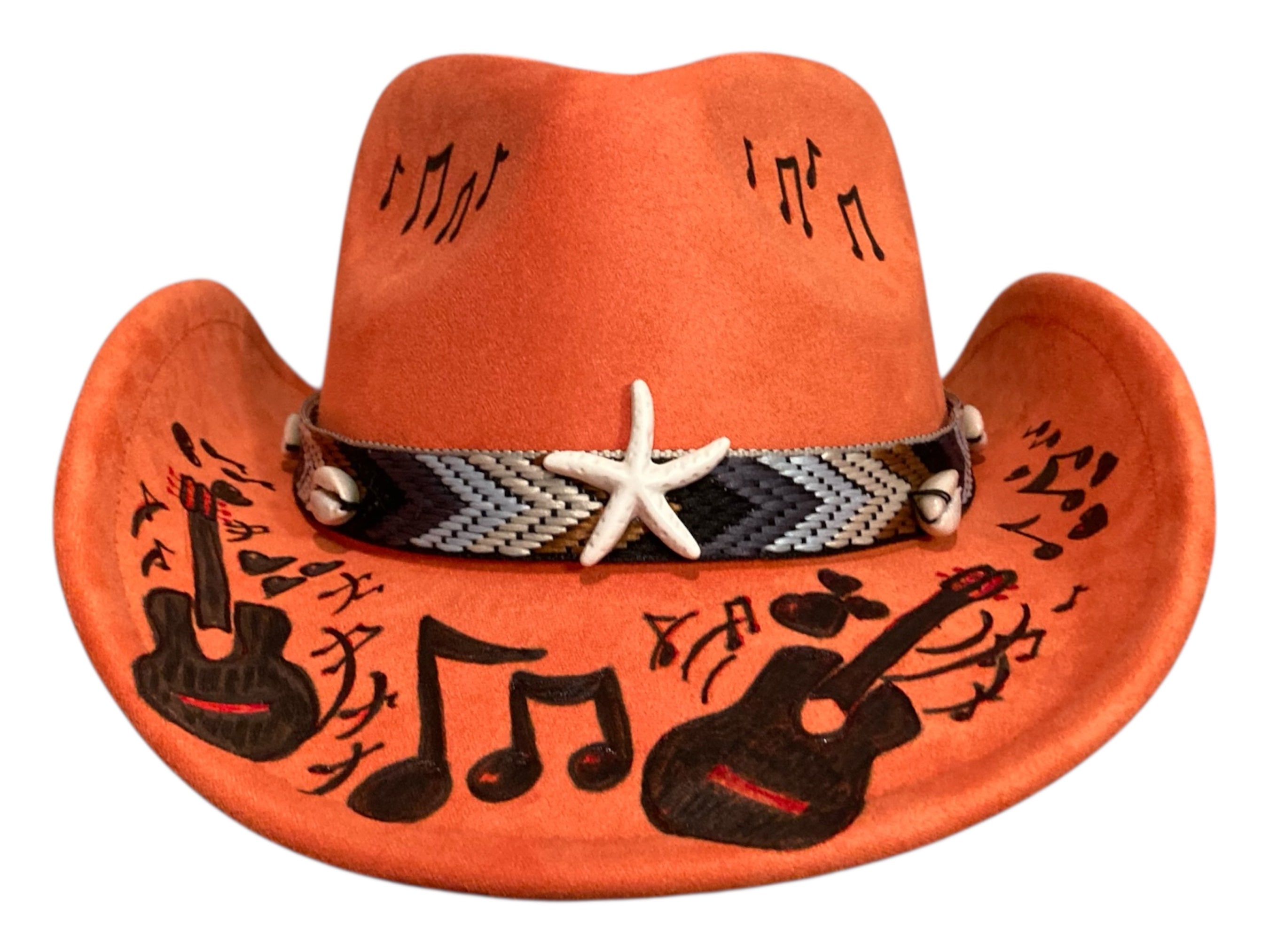 Orange Fiddler Hat, Hand Burned and hand painted