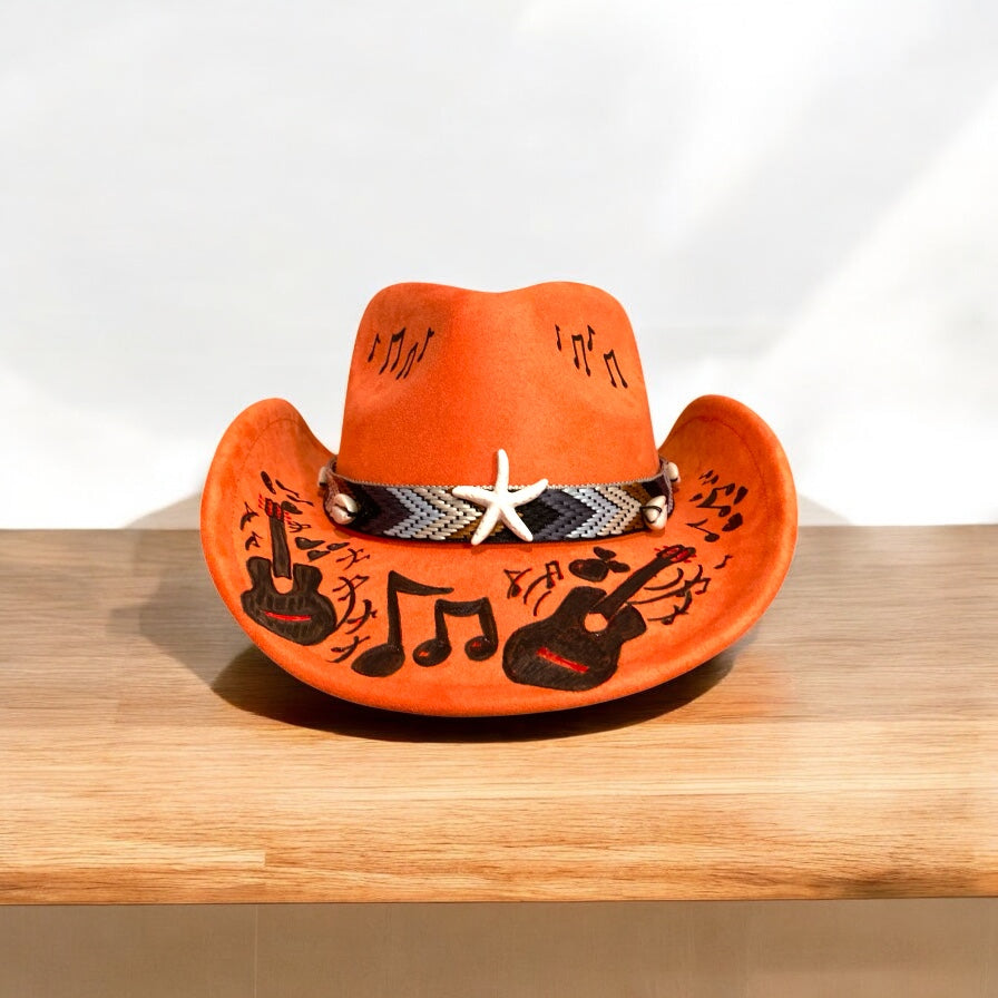 Orange Fiddler Hat, Hand Burned and hand painted