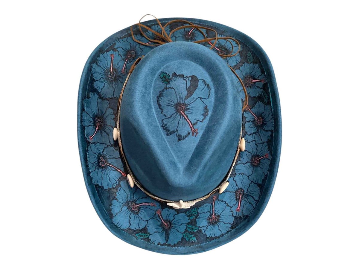 Elevate Your Style with the Boho Custom Cowboy Hat - Blue Hibiscus Deluxe Suedette