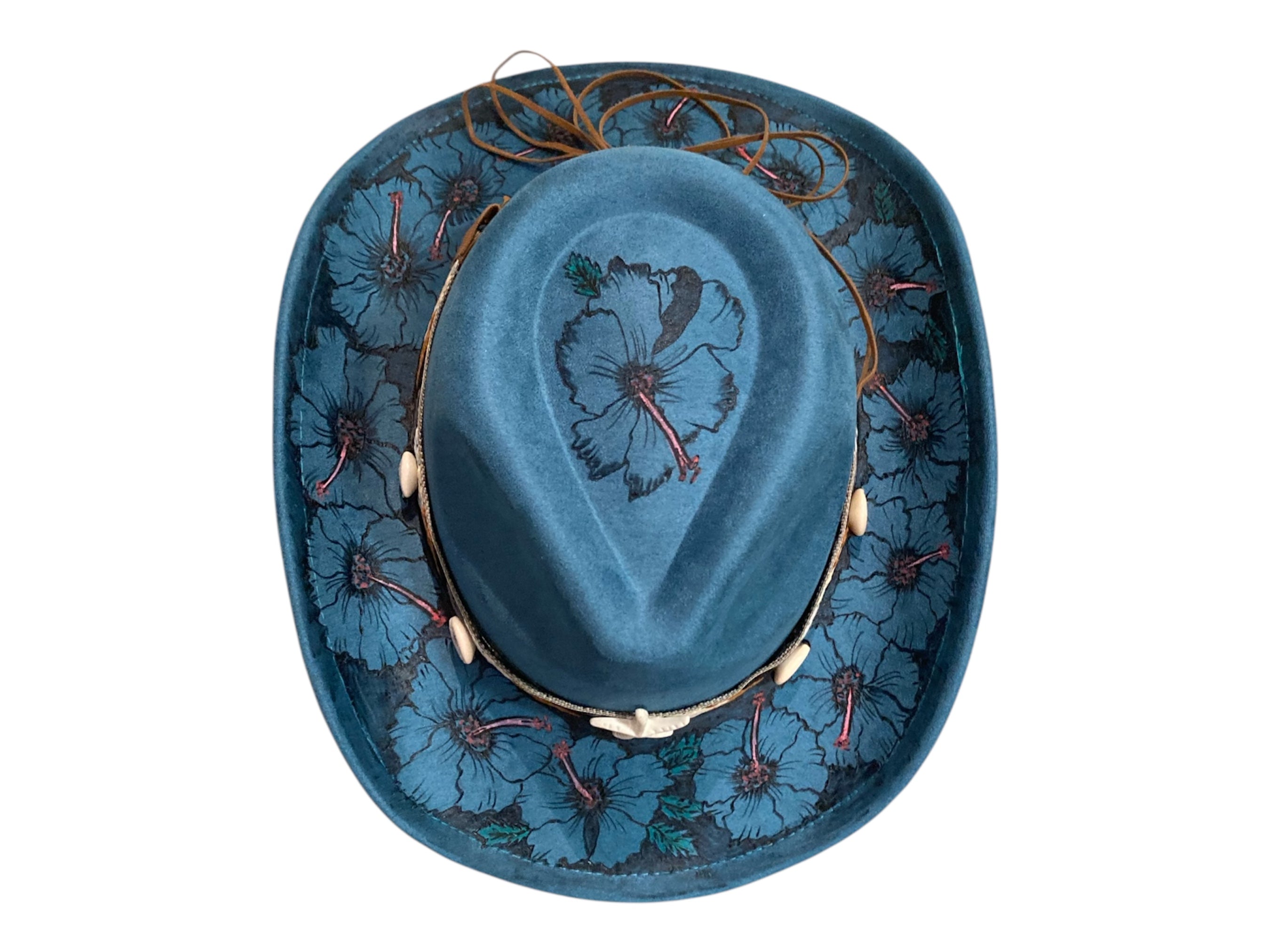 Blue Hibiscus Cowboy Hat, Hand burned and painted
