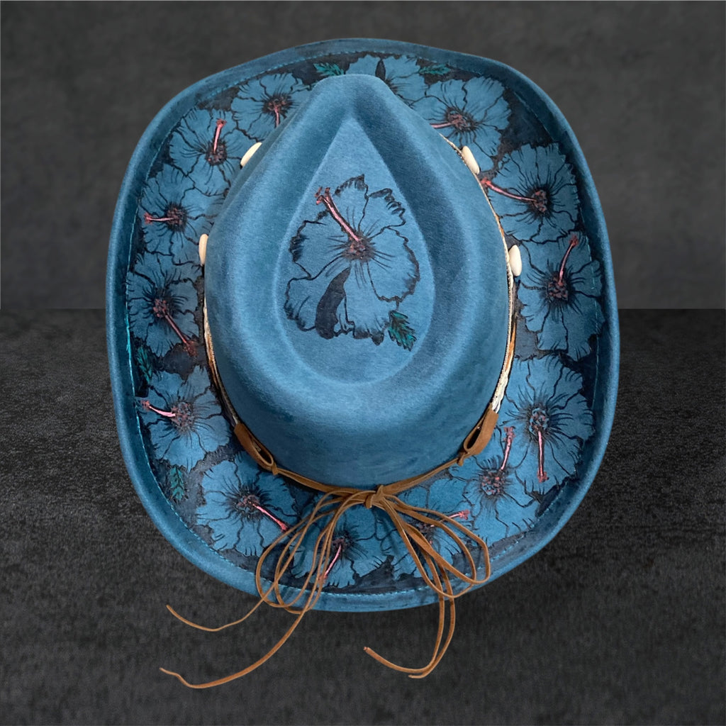 Blue Hibiscus Cowboy Hat, Hand burned and painted
