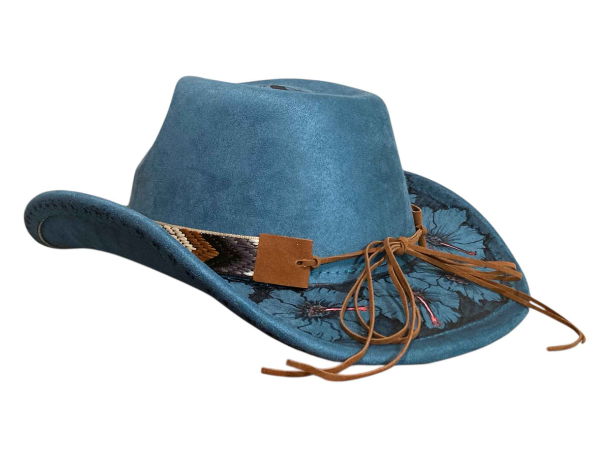 Elevate Your Style with the Boho Custom Cowboy Hat - Blue Hibiscus Deluxe Suedette