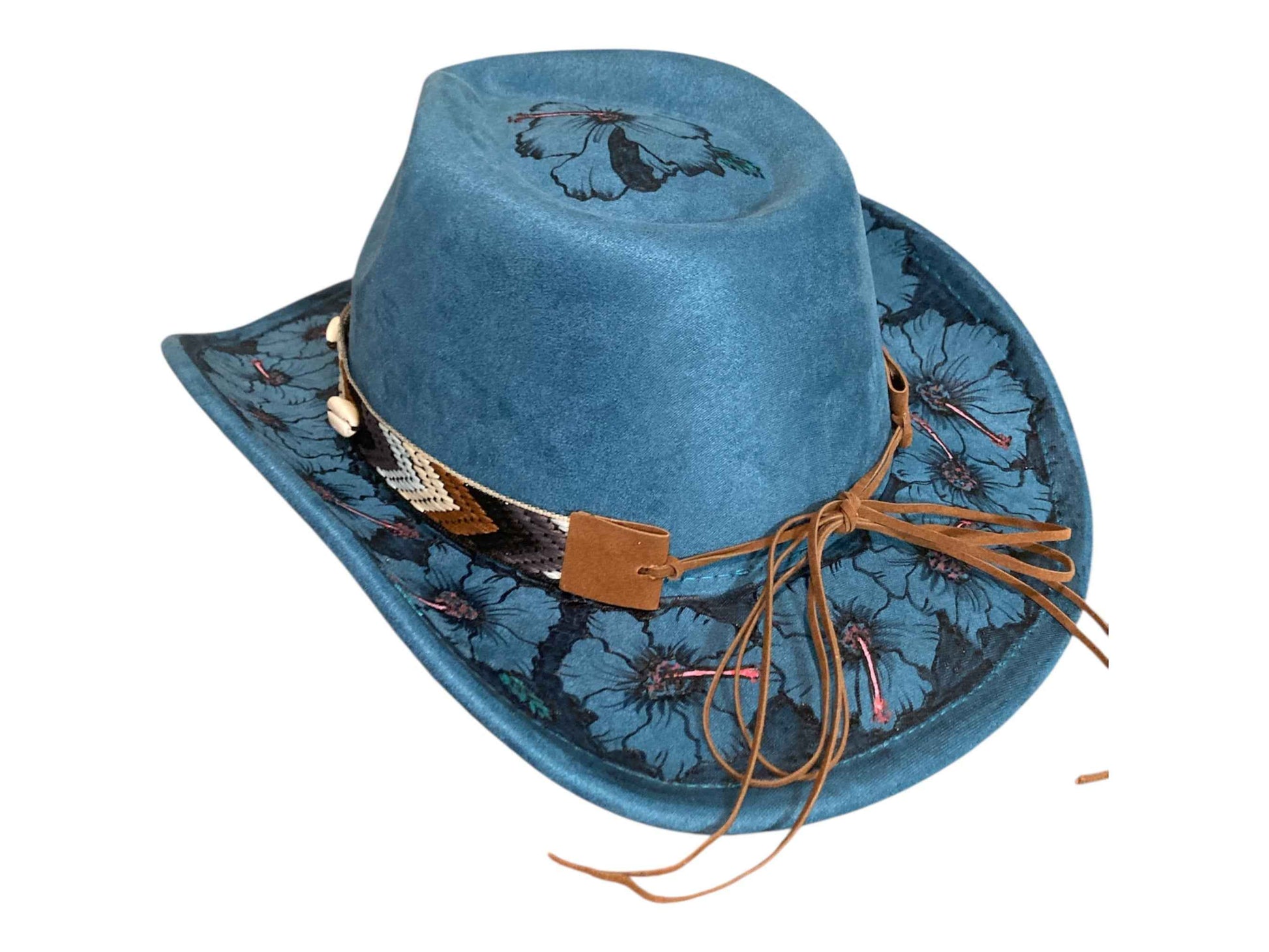 Elevate Your Style with the Boho Custom Cowboy Hat - Blue Hibiscus Deluxe Suedette
