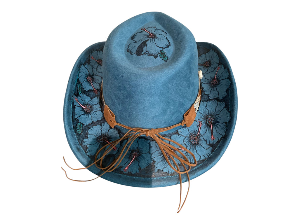 Blue Hibiscus Cowboy Hat, Hand burned and painted
