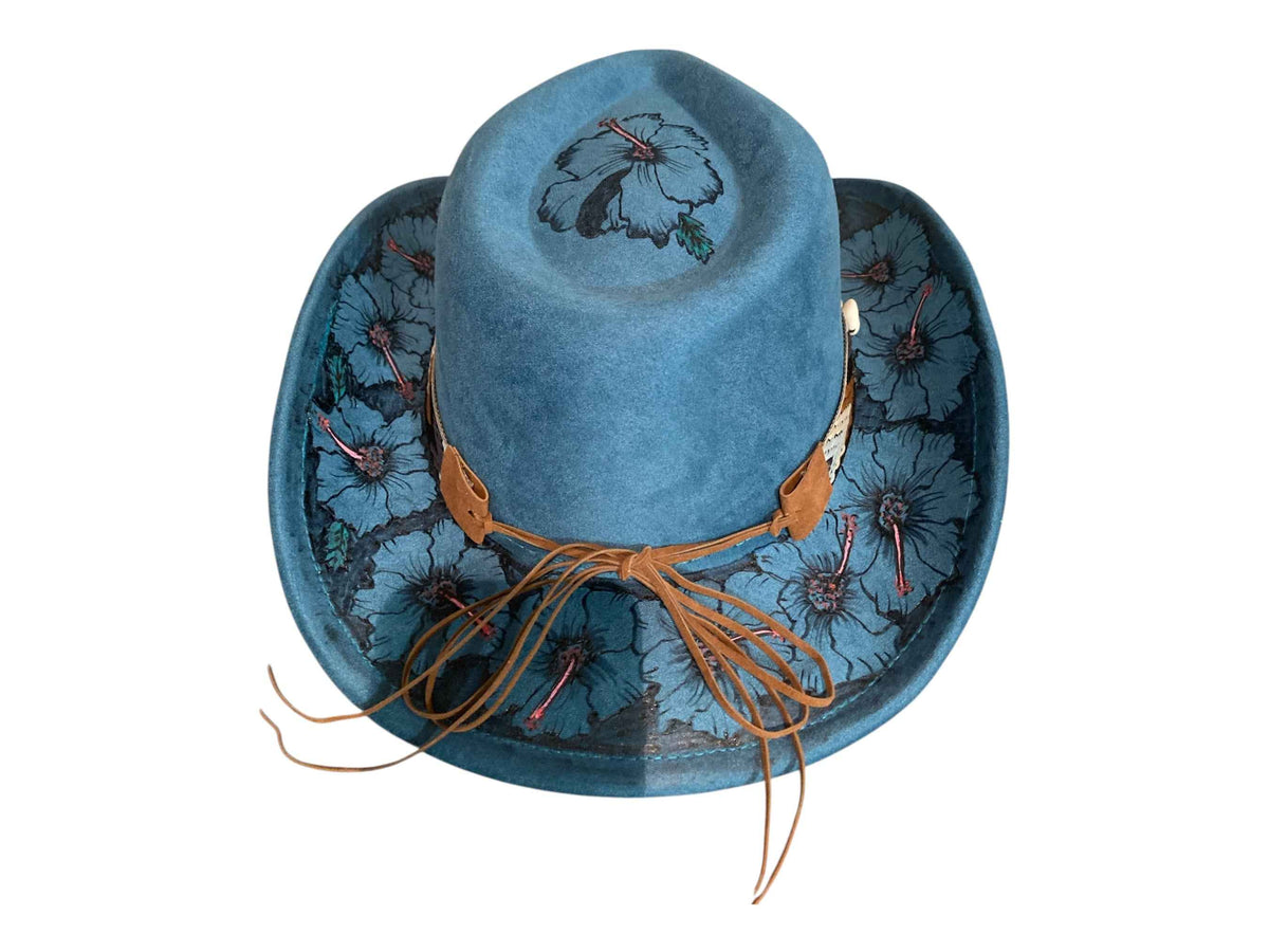 Elevate Your Style with the Boho Custom Cowboy Hat - Blue Hibiscus Deluxe Suedette
