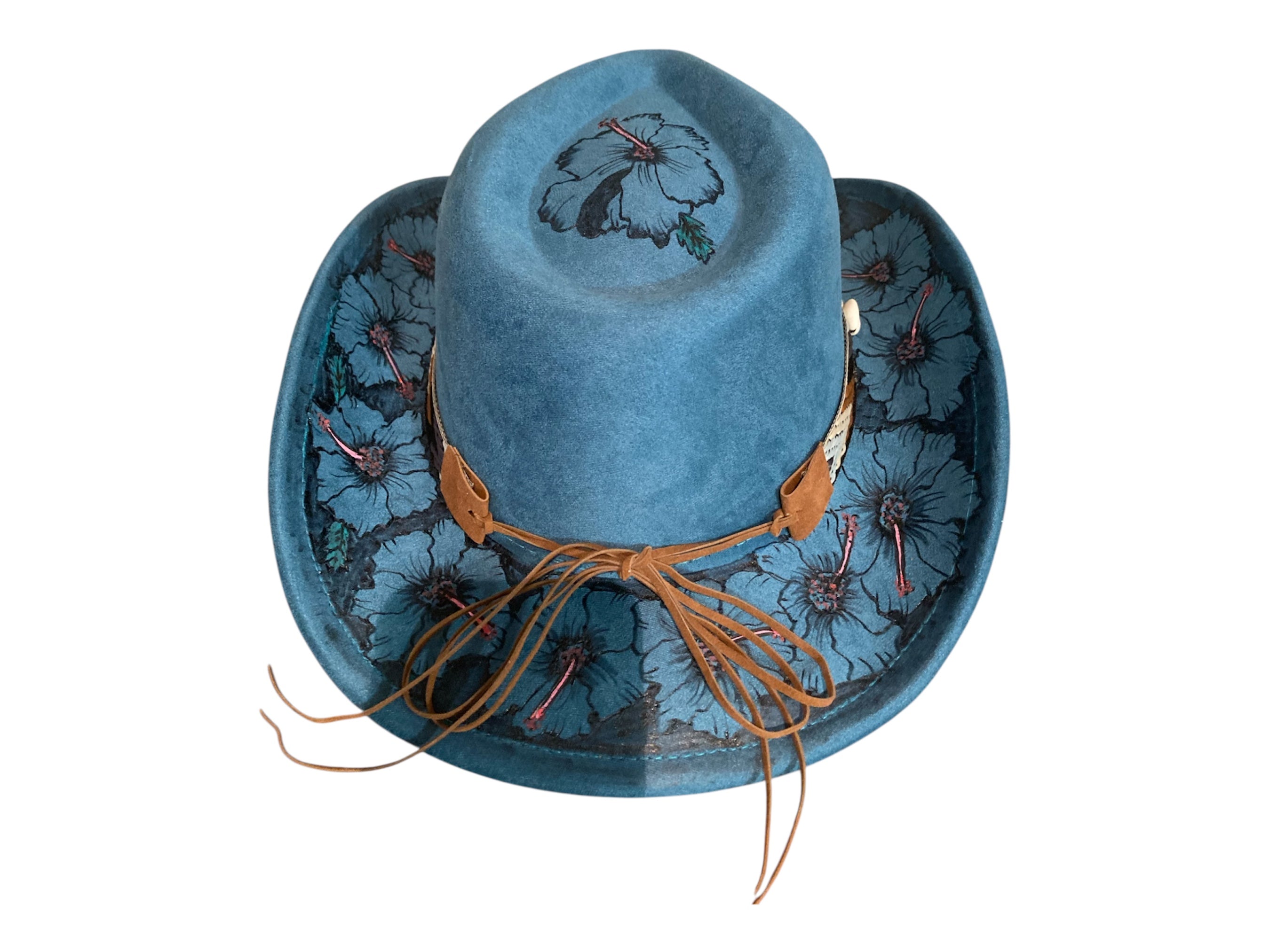 Blue Hibiscus Cowboy Hat, Hand burned and painted