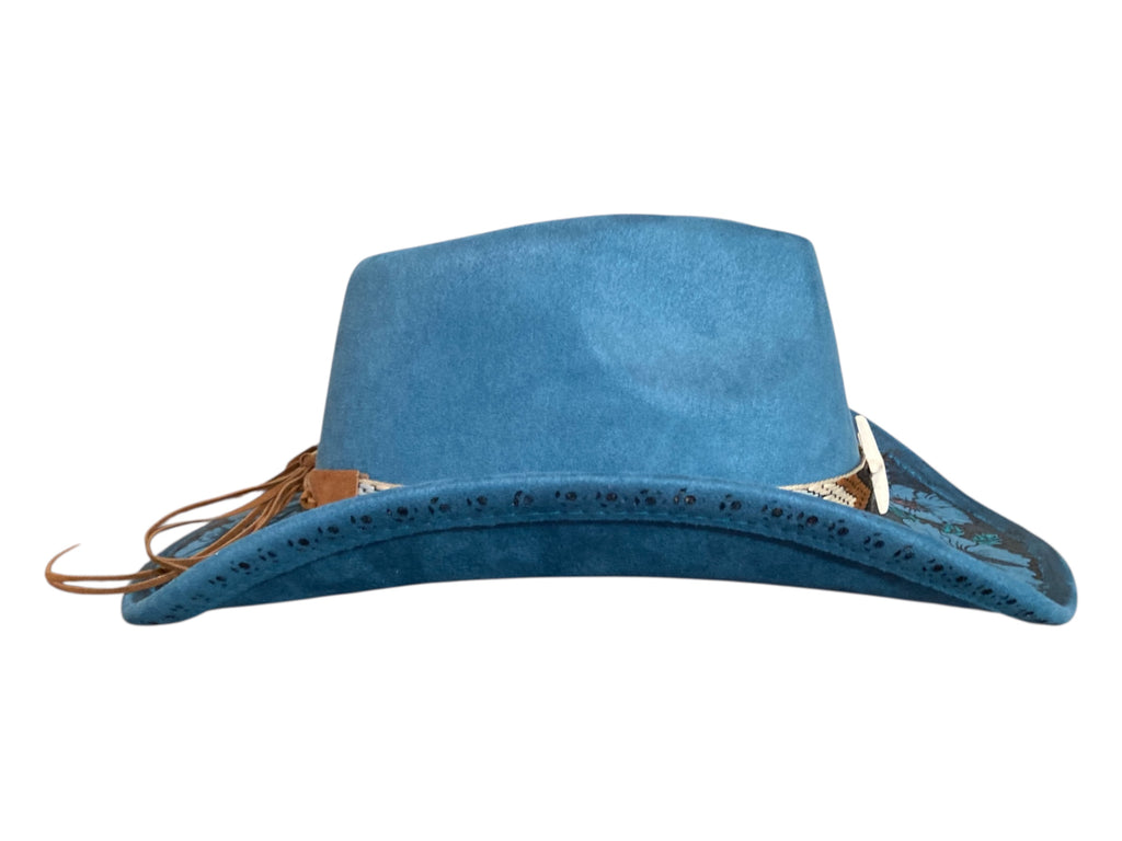 Blue Hibiscus Cowboy Hat, Hand burned and painted