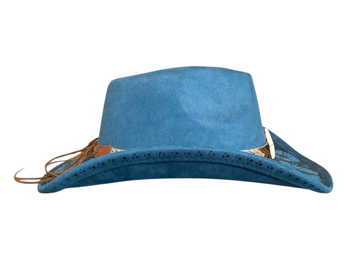 Elevate Your Style with the Boho Custom Cowboy Hat - Blue Hibiscus Deluxe Suedette