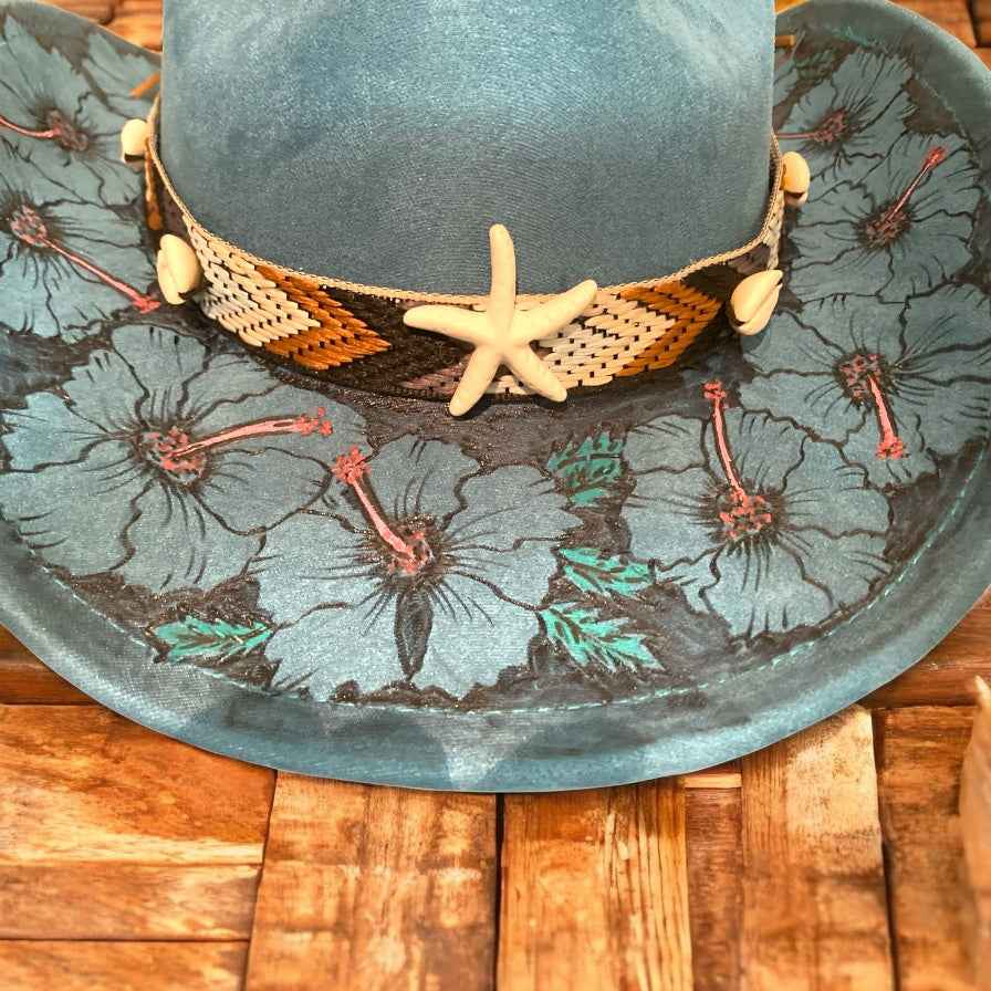 Elevate Your Style with the Boho Custom Cowboy Hat - Blue Hibiscus Deluxe Suedette