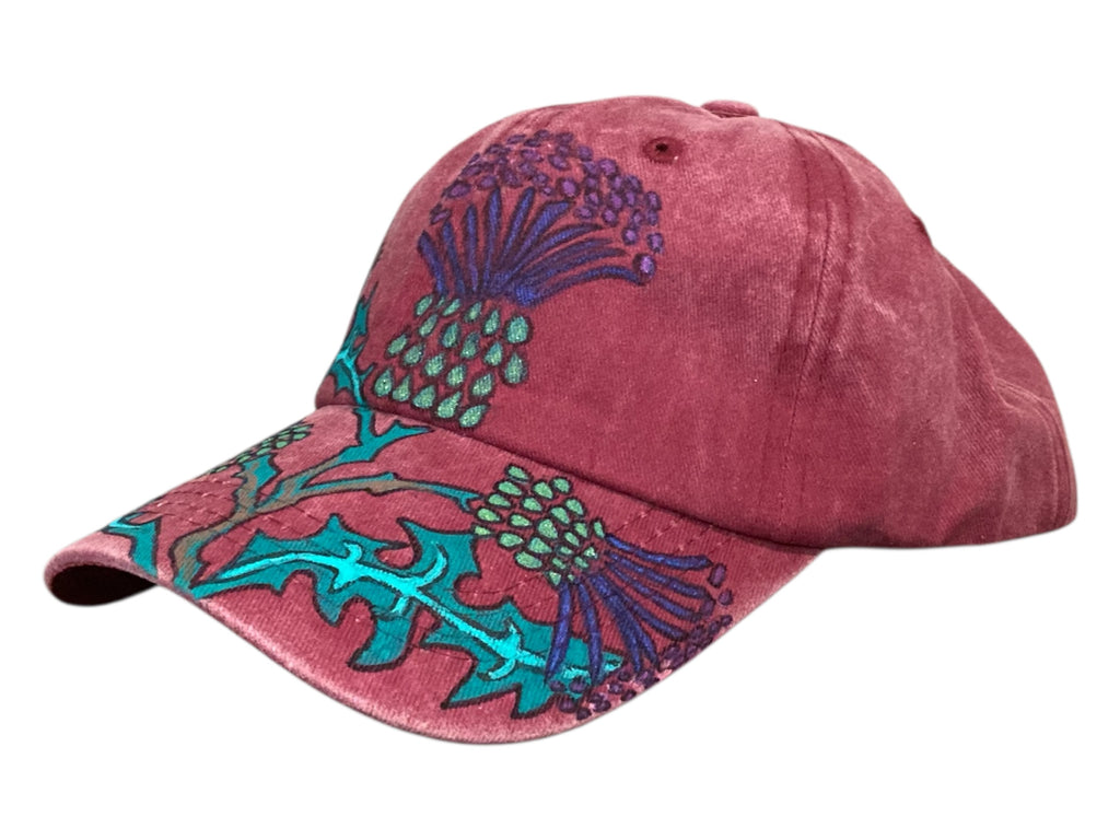 Scottish Thistle Cap, Hand painted, berry colour