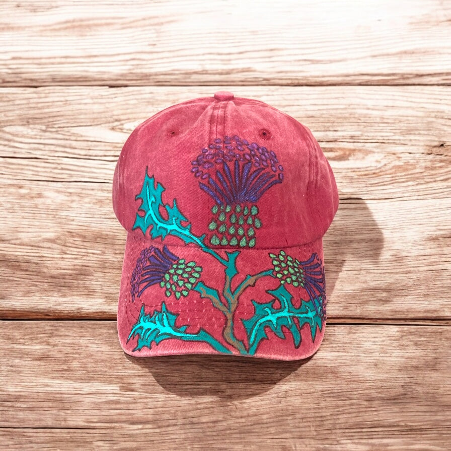 Scottish Thistle Cap, Hand painted, berry colour