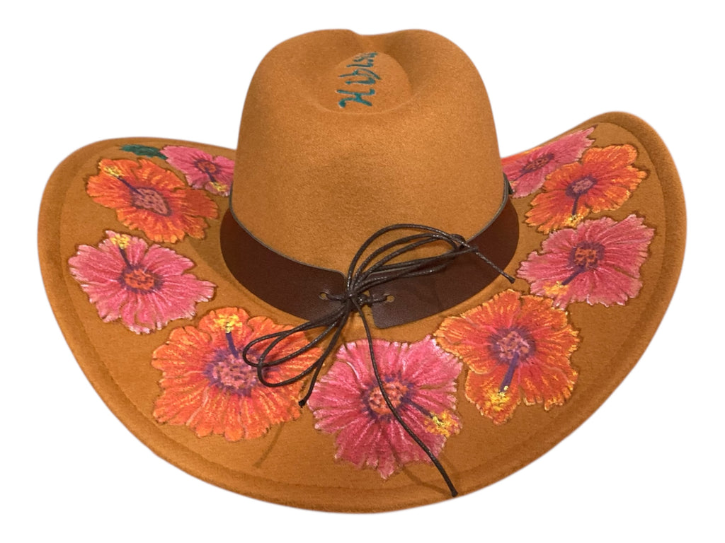Acorn Hibiscus Cowboy Hat, Hand burned and Hand painted