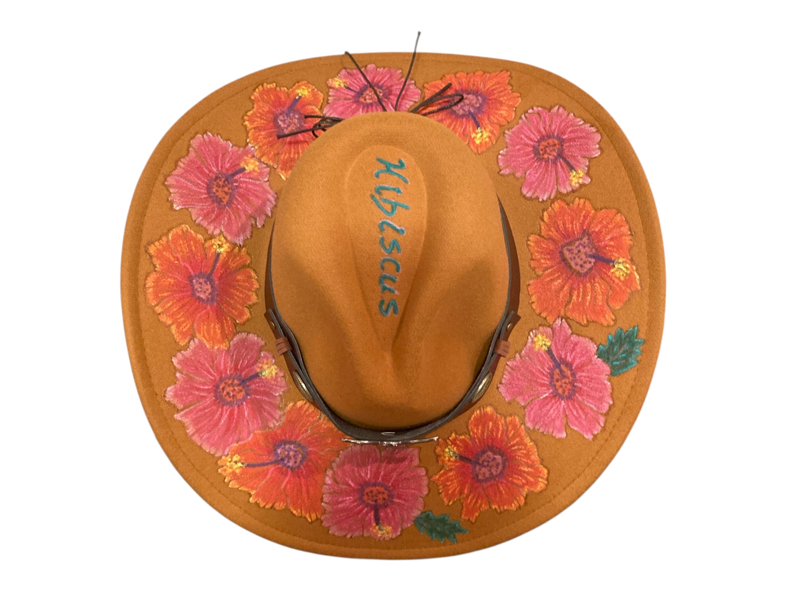 Acorn Hibiscus Cowboy Hat, Hand burned and Hand painted