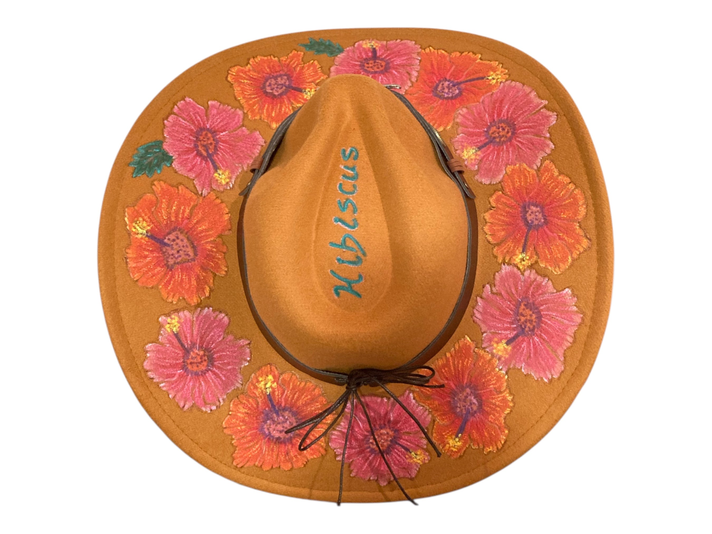 Acorn Hibiscus Cowboy Hat, Hand burned and Hand painted
