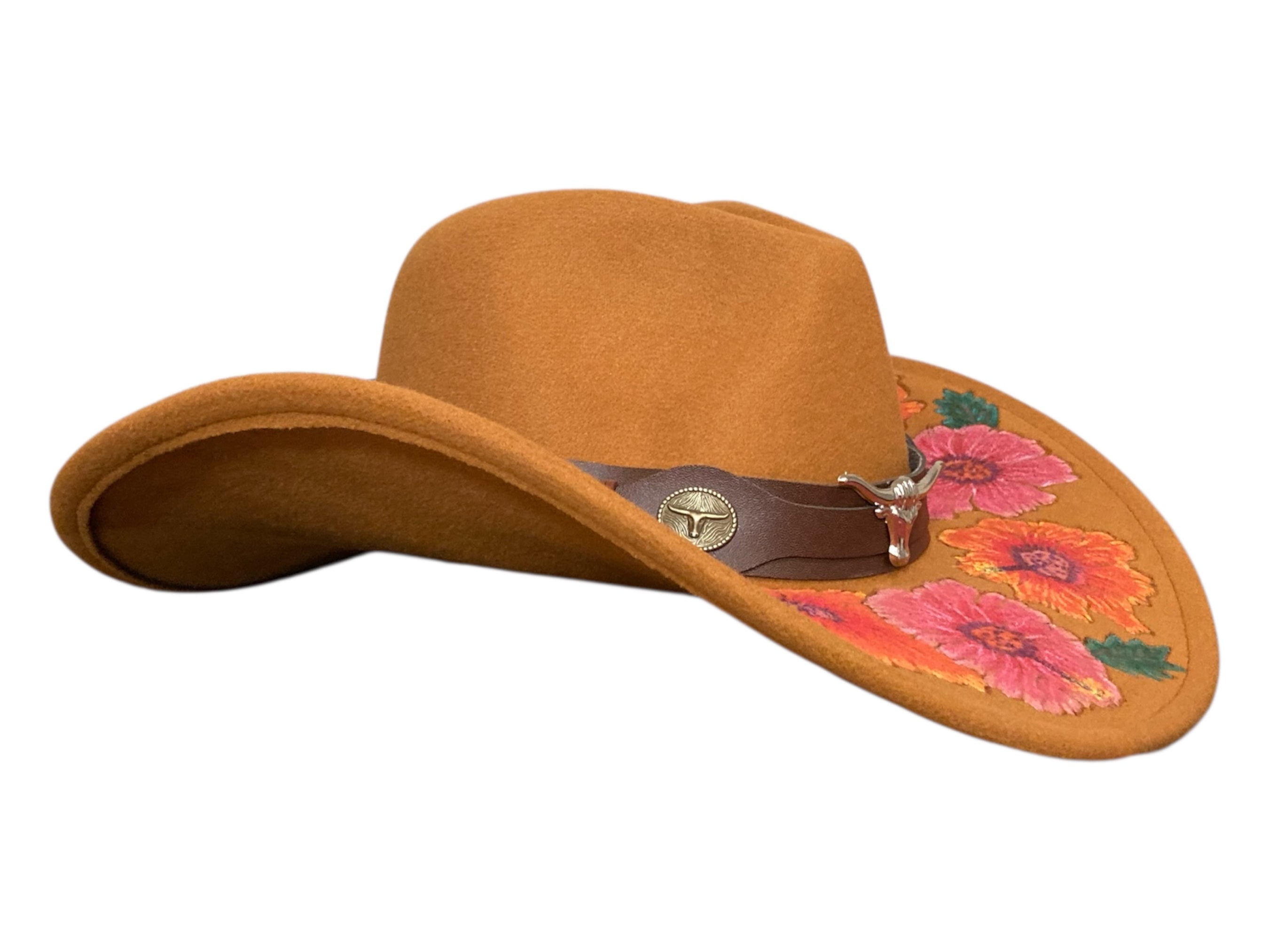 Acorn Hibiscus Cowboy Hat, Hand burned and Hand painted