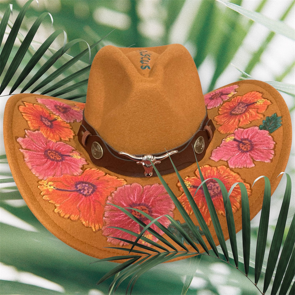 Acorn Hibiscus Cowboy Hat, Hand burned and Hand painted