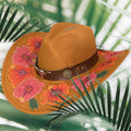 Acorn Hibiscus Cowboy Hat, Hand burned and Hand painted