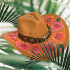 Acorn Hibiscus Cowboy Hat, Hand burned and Hand painted