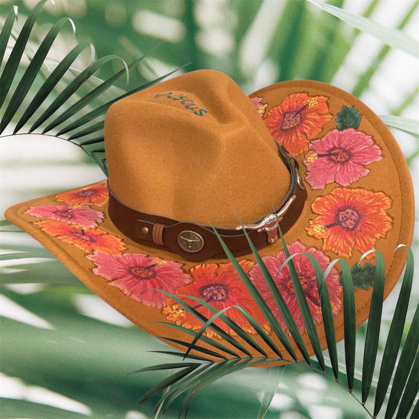 Acorn Hibiscus Cowboy Hat, Hand burned and Hand painted
