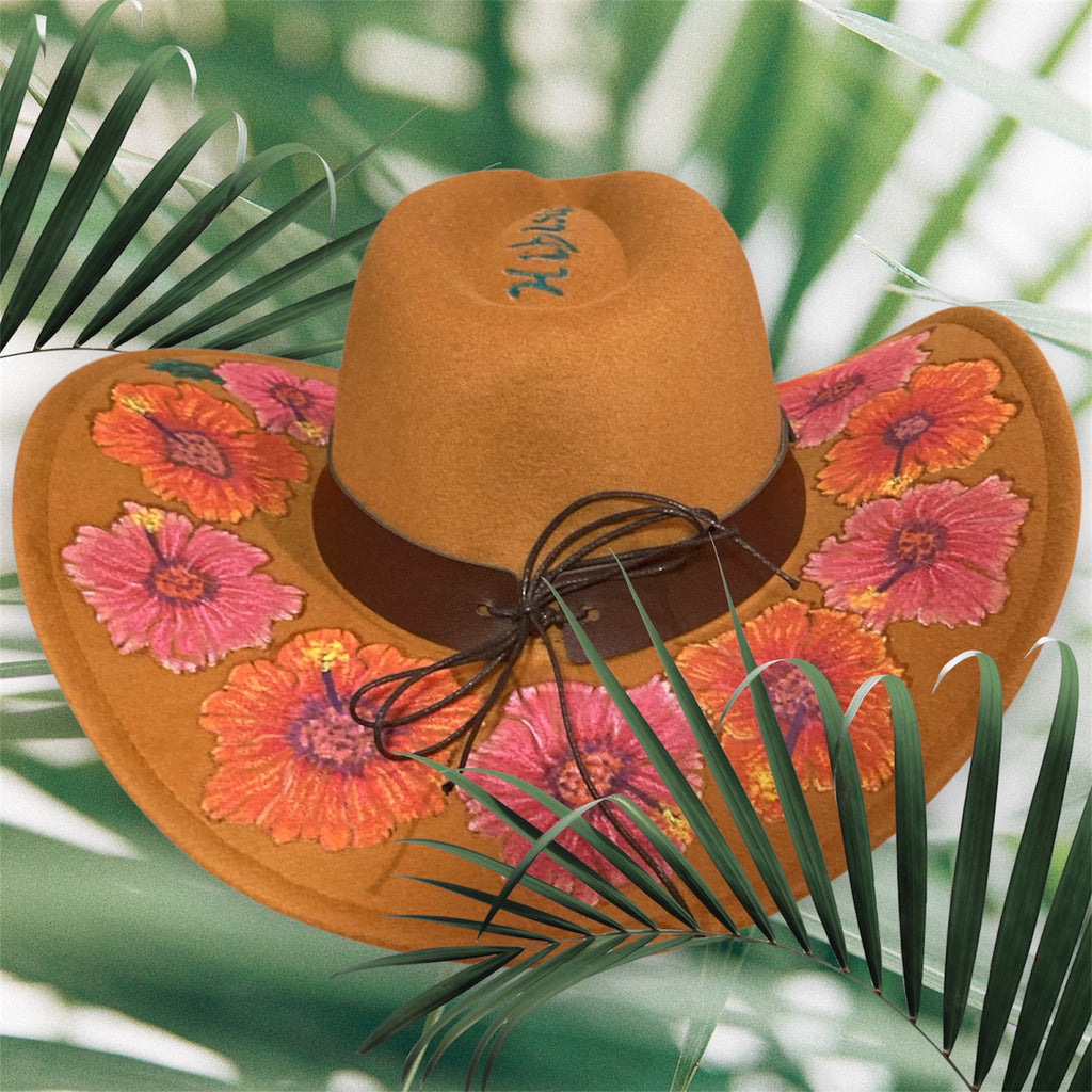 Acorn Hibiscus Cowboy Hat, Hand burned and Hand painted