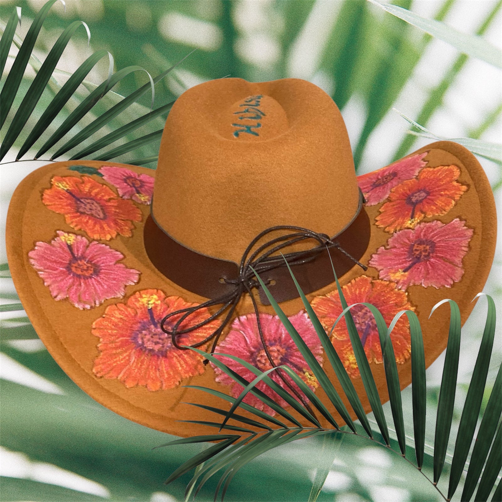 Acorn Hibiscus Cowboy Hat, Hand burned and Hand painted
