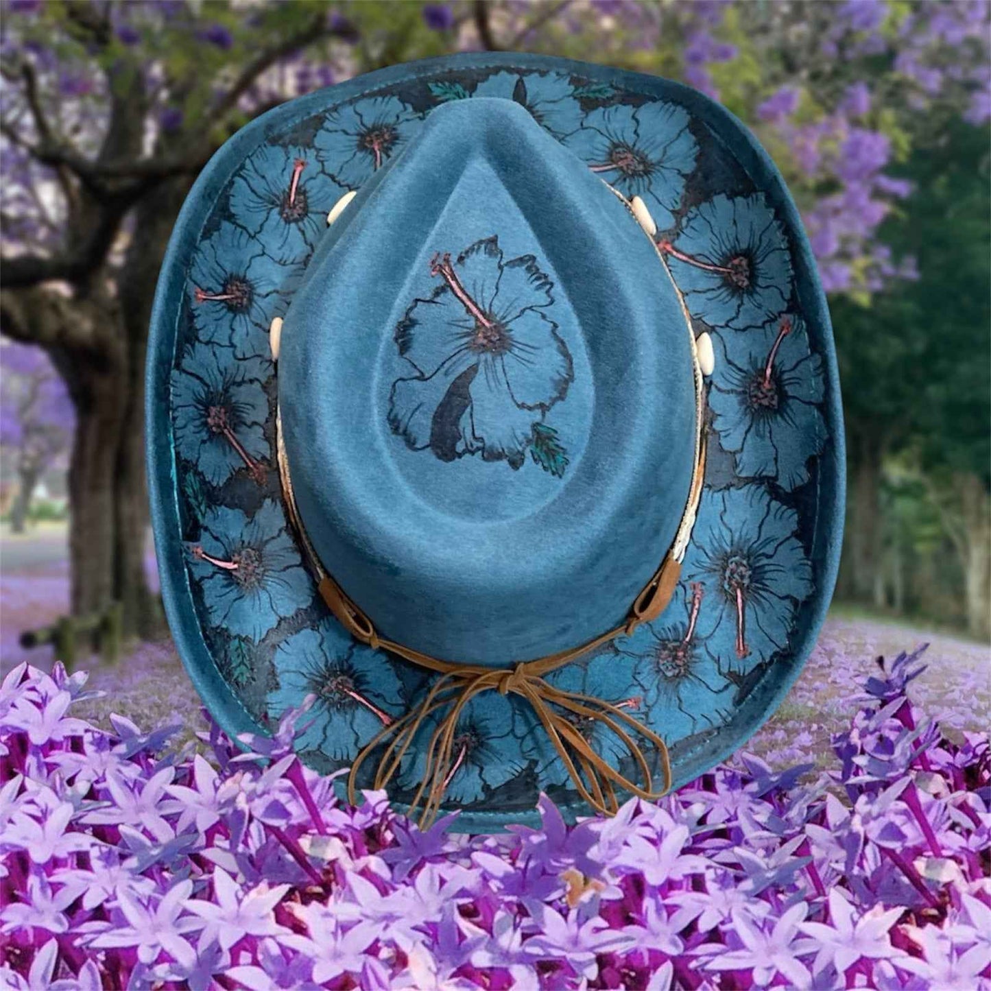 Elevate Your Style with the Boho Custom Cowboy Hat - Blue Hibiscus Deluxe Suedette