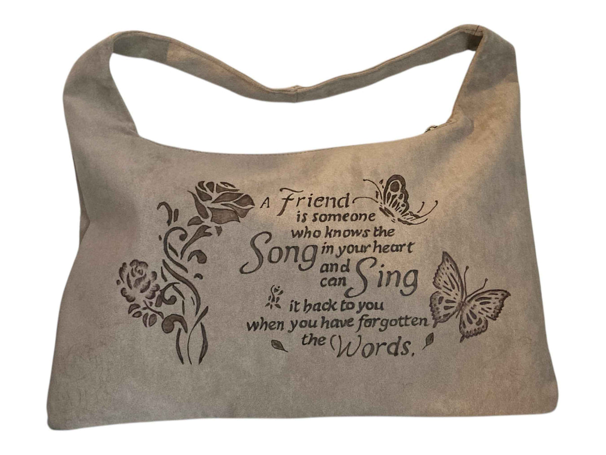 Hand Burned Vegan Suede Bag – Outback Country & Friends Poem Design